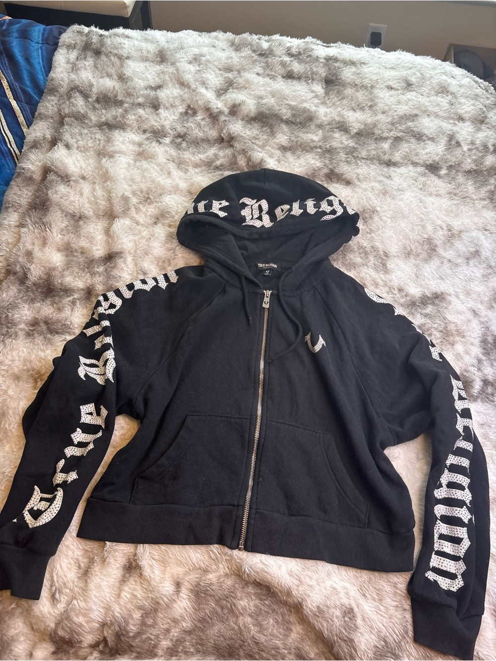 True Religion Black Zip-Up Hoodie with White Gothic Script